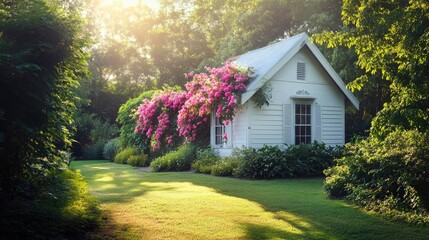 Sticker - A quaint white cottage adorned with a pink flowering vine, nestled in a lush green garden, with sunlight filtering through