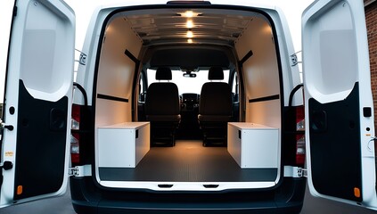 Unoccupied van with doors ajar and interior light created with generative ai