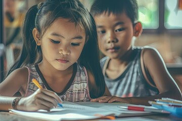 Wall Mural - a couple of kids that are sitting at a table