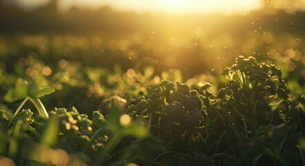 Wall Mural - A close-up shot of broccoli growing in the field, with sunlight filtering through the leaves, highlighting its vibrant green color and intricate details