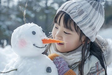 Canvas Print - a little girl is playing with a snowman