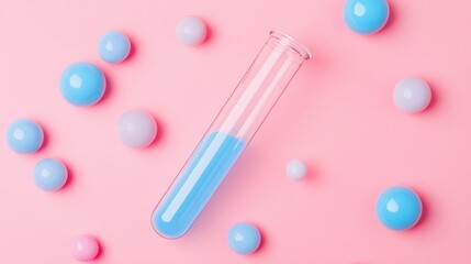 Wall Mural - Blue liquid in test tube on pink background with scattered pills