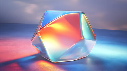 A clear glass prism refracts light, creating vibrant colors on a smooth, reflective surface.