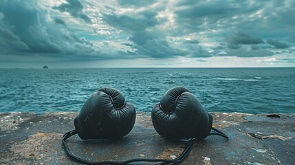 Boxing mitts against an ocean backdrop