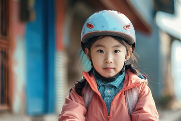 Wall Mural - a little girl wearing a helmet on a scooter