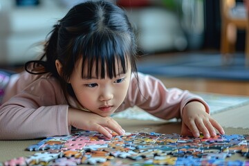 Sticker - a little girl playing with a puzzle on the floor