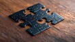 © weerasak - Close-up of interlocking black puzzle pieces on a wooden surface, symbolizing unity and problem-solving.