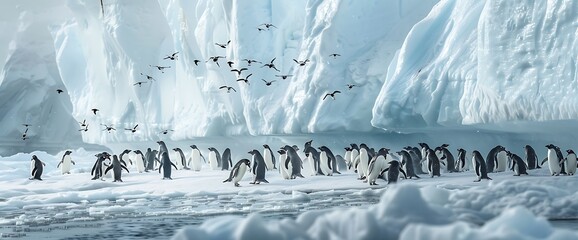 Wall Mural - A large group of penguins stand on a snow-covered ice shelf, with a dramatic backdrop of an enormous glacier, and several birds flying overhead.