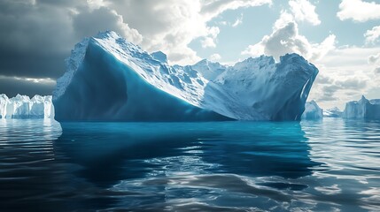 Wall Mural - A large iceberg floats in a sea of blue, with a reflection of the iceberg in the water, under a sky filled with fluffy clouds.