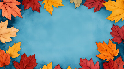 Canvas Print - Watercolor Autumn Leaves Border on Blue Background - Perfect for Fall Designs