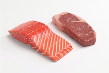 Canvas Print - A pieces of salmon and meat laid out on a white background