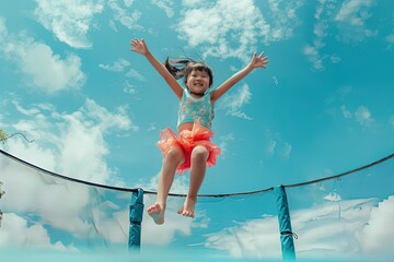 Wall Mural - a little girl jumping in the air on a trampoline