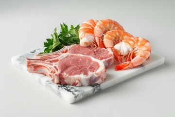 Canvas Print - Fresh meat and shrimp are placed on a marble tray