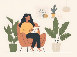 Woman Reading in a Comfortable Armchair with Plants