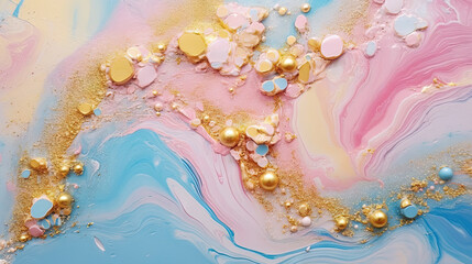 Wall Mural - Abstract artistic background with pearlescent pink marble and holographic golden paint stains.