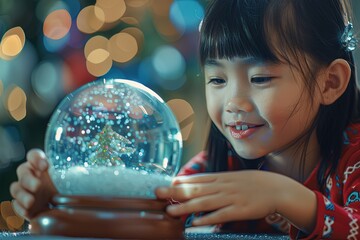 Wall Mural - a little girl playing with a snow globe