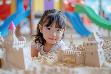 Canvas Print - a little girl laying on top of a sand castle