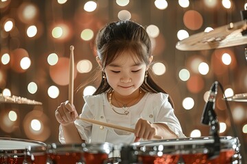 Poster - a little girl playing a drum set in front of some lights