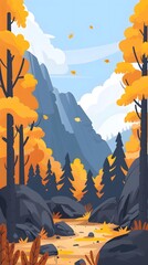 Poster - Autumn Forest Landscape With Mountains and Falling Leaves