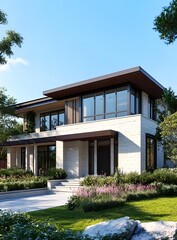 Sticker - Modern House with Large Windows and Green Grass