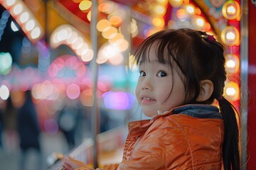 Poster - a little girl riding a merry go round at night