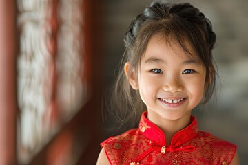 Canvas Print - a little girl wearing a red dress and smiling