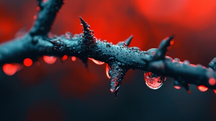 Poster -  A tight shot of a water droplet on a branch against a backdrop of red light, with additional water droplets adorning the branch