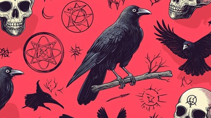 Black Crow and Skulls Seamless Pattern.