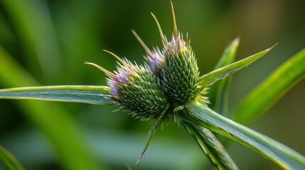 Sticker -  A tight shot of a green plant boasting small flowers on its stem against a softly blurred backdrop of grass