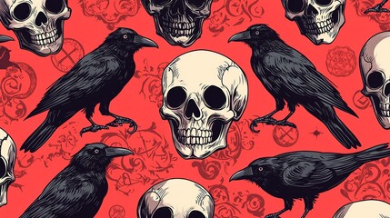 Wall Mural - Ravens and Skulls Seamless Pattern.