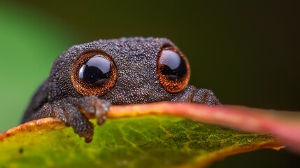  A tight shot of a frog's expressive face, large eyes prominent, and a vivid green leaf up front; background softly blurred