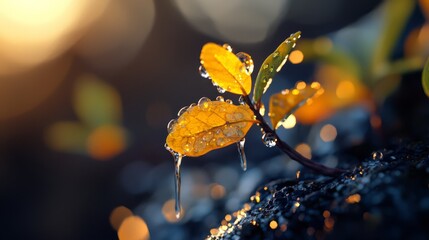 Wall Mural -  A tight shot of a plant with dewdrops on its leaves and a halo of light in the background