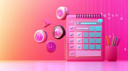 Wall Mural - 3D Rendered Pink To Do List with Clocks.