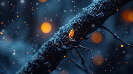  A tree branch in sharp focus with a background of softly blurred holiday lights