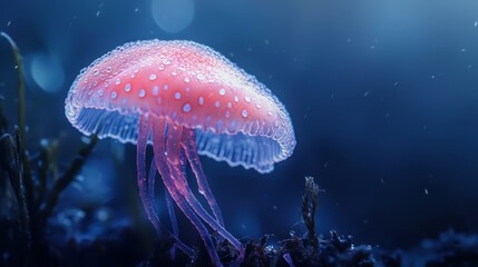 Wall Mural -  A tight shot of a jellyfish submerged in water, adorned with beads of liquid on its head and body