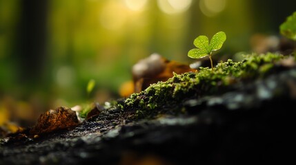 Wall Mural -  A small green plant emerges from a moss-covered log in a sunlit forest, sunlight filtering through tree branches