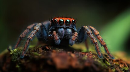  A tight shot of a jumping spider on mossy terrain against a softly blurred background