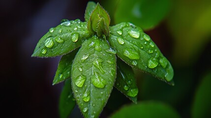 Wall Mural -  A tight shot of a dewy green leaf, adorned with water droplets, against a backdrop of lush green foliage