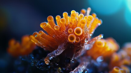 Wall Mural -  A tight shot of a sea anemone, adorned with pearls of water on its petals, against a softly blurred backdrop