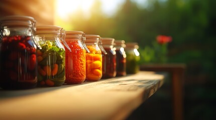 Wall Mural - Colorful jars filled with fresh vegetables and fruits, displayed on a wooden table in warm sunlight, creating a vibrant and natural atmosphere.