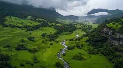 Wall Mural - river snakes through, mountains distant with cloud-studded sky