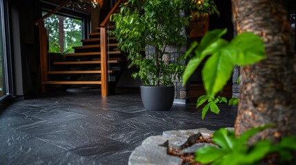 Sticker -  A potted plant atop a stone floor, near a staircase with a wooden banister