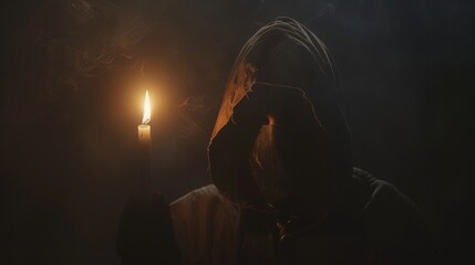 Wall Mural - man in a hoodie and a burning candle in a dark room