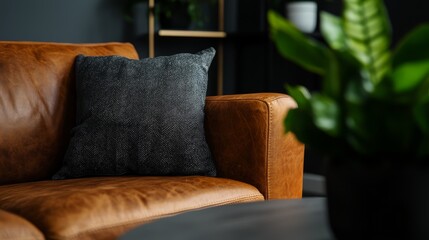 Poster -  A tight shot of a brown leather couch, showcasing a black pillow atop it, and a potted plant in a corner