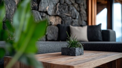 Sticker -  A table with a potted plant sits in front of a stone wall Behind the scene, a couch is visible in the background