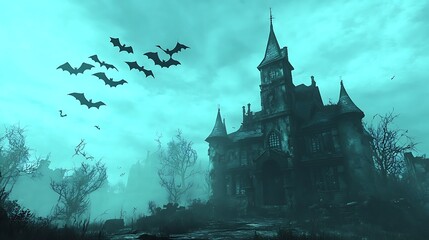 Wall Mural - A 3D cartoon haunted castle with bats circling overhead, setting a classic spooky scene.