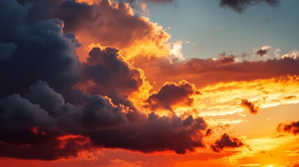 Wall Mural -  The sun sets, painting clouds orange and blue A plane traverses the sky, silhouetted against the distant sun