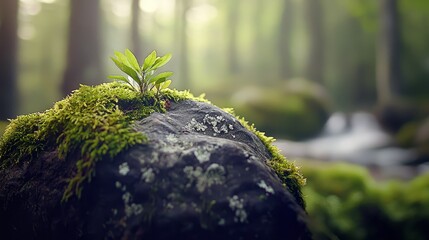 Wall Mural -  A tiny plant thrives atop a rock, nestled in a forest with a gurgling stream as its backdrop