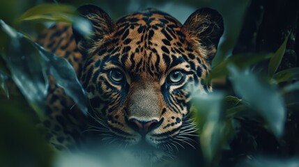 Wall Mural -  A tight shot of a tiger's face with surrounding green leaves, its eyes enhanced by blue eye shadow