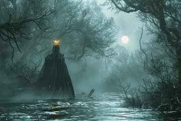 Wall Mural - grim reaper with gold crown was walking in a terrifying forest